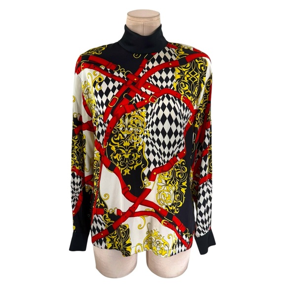 Vintage Escada Baroque Belt Print Mock Neck Silk Charmeuse Blouse Medium/Large - Picture 3 of 11